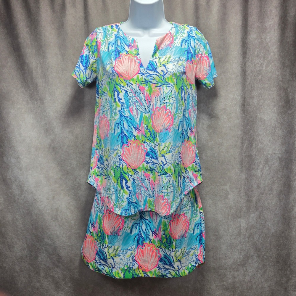 Lulu-B Shell Coral Print Top XS Skort 4 Matching Set Blue Pink Green Golf Tennis
